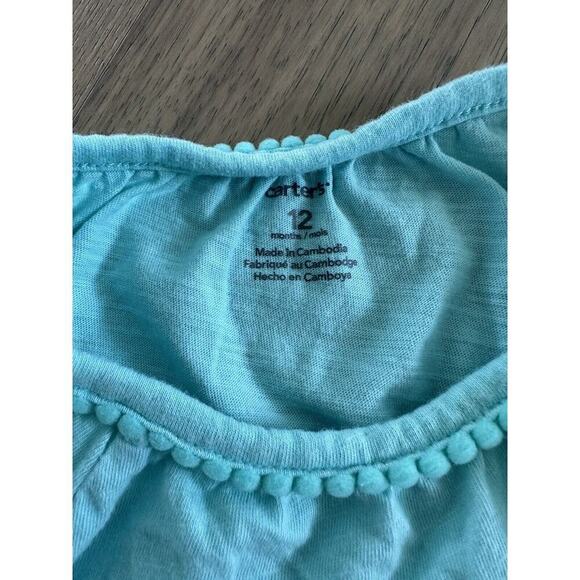Carters Girls Aqua Blue Pom Pom Trim Knit Short Sleeve T Shirt Size 12M - Picture 6 of 7